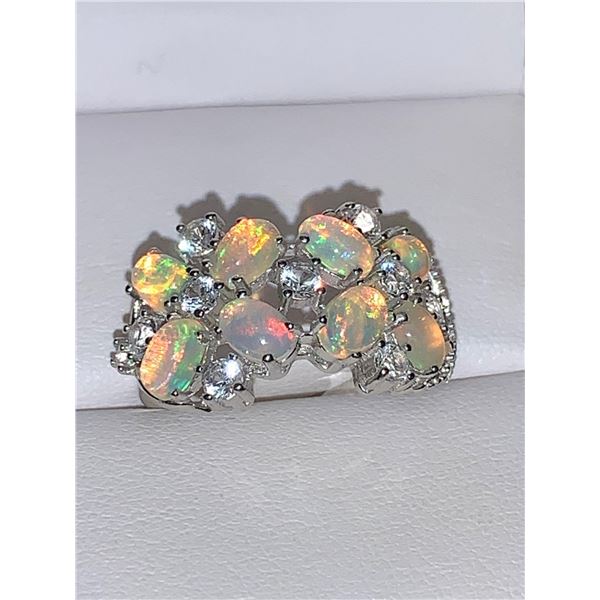 Ladies Natural Fire Opal Multi Stone 4.10 Carat Cluster .925 Silver Ring with Appraisal Certificate 