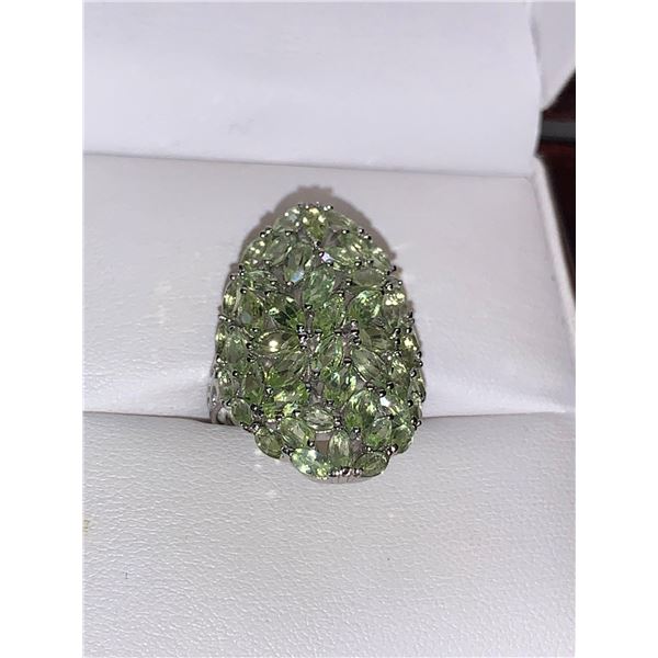 Natural Marquie Cut Peridot Cluster Ring 12.05 Carats in .925 Silver with Appraisal Certificate Valu