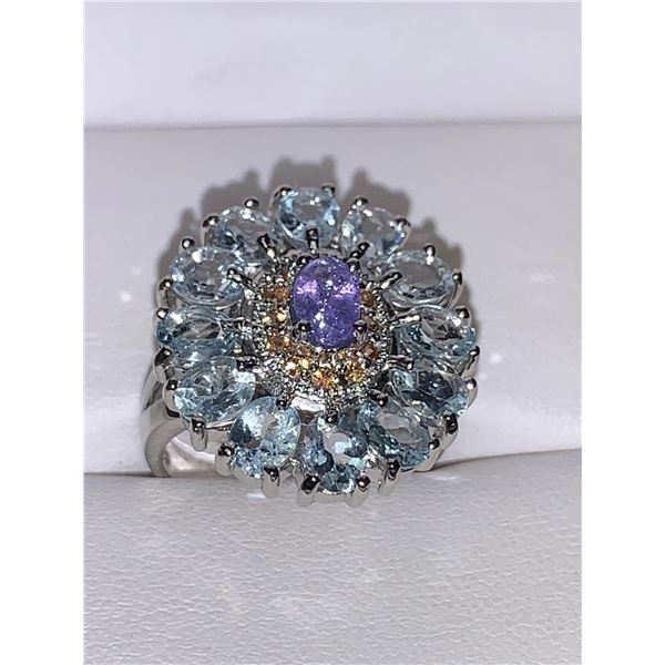 Natural Tanzanite & Sapphire Oval Cut 7.33 Carat Multi Stone Cluster Top Ring with Appraisal Certifi