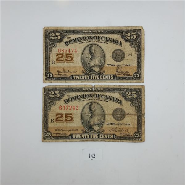 Two Dominion of Canada 1923 25 Cent Banknotes