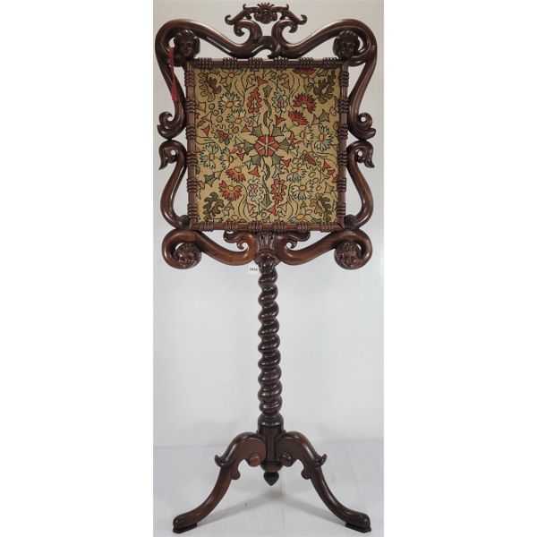CARVED NEEDLE POINT FIRE SCREEN W/ BARLEY TWIST BASE