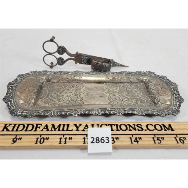 CANDLE SNUFFING SCISSORS & PEN TRAY - SILVER PLATE