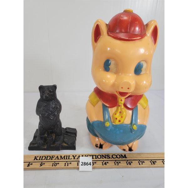 LOT OF 2 - CAST IRON BEAR BANK & VINTAGE PORKY PIG BANK
