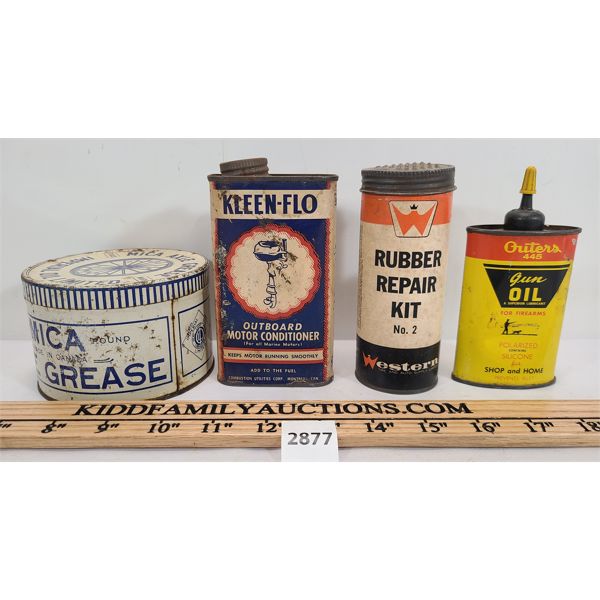 LOT OF 4 - MICA AXLE GREASE, OUTERS GUN OIL, WESTERN REPAIR KIT, KLEEN-FLO OUTBOARD CONDITIONER