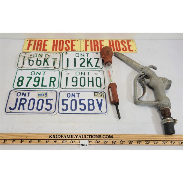 JOB LOT - MISC AUTOMOTIVE COLLECTIBLES - INCL LICENSE PLATES, PUMP NOZZLE ETC.