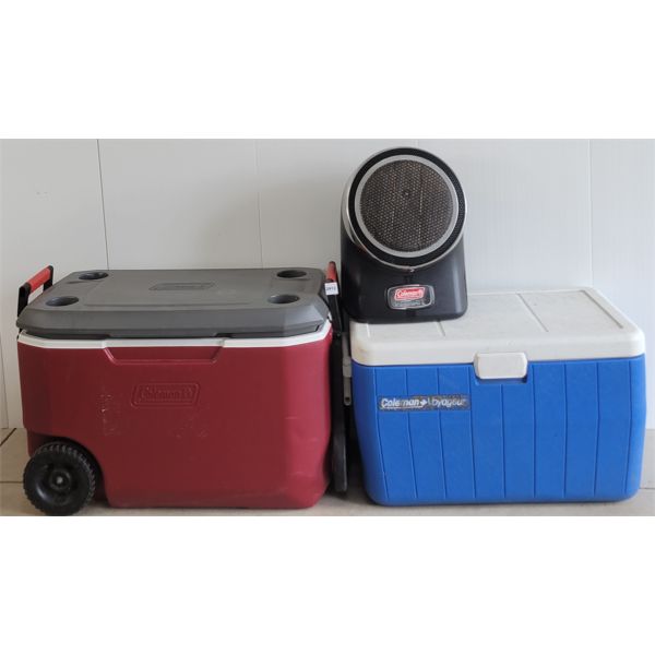 LOT OF 3 - COLEMAN PROCAT HEATER AND 2X COLEMAN COOLERS