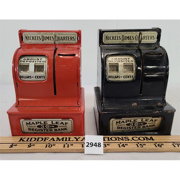 LOT OF 2 - MAPLE LEAF 3 COIN REGISTER TIN BANKS