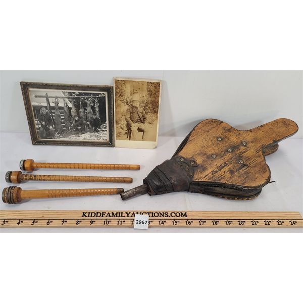 JOB LOT - VINTAGE COLLECTIBLES - BELLOWS, HUNTING PHOTO, CABINET CARD AND SPOOLS