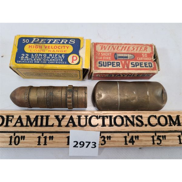 LOT OF 4 - VINTAGE AMMO BOXES AND LIGHTERS - INCL BULLET LIGHTER