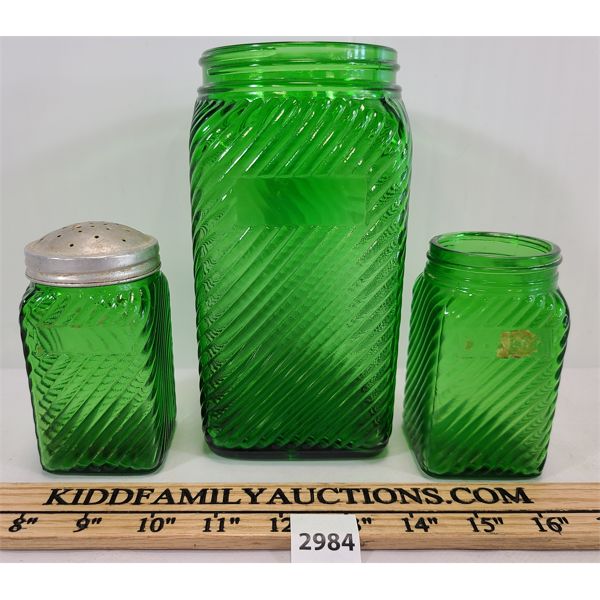 LOT OF 3 - OWENS ILLINOIS (?) GREEN DEPRESSION GLASS JARS