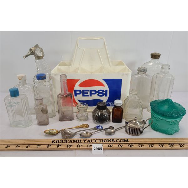 JOB LOT - GLASS JARS & BOTTLES, PEPSI RACK, INK WELLS & COLLECTIBLE SPOONS ETC