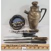 Image 1 : LOT OF 7 - HAMMERED COPPER PITCHER, ASHTRAY & BONE HANDLED CUTLERY