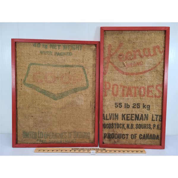 LOT OF 2 - FRAMED CO-OP & KENAN BRAND POTATO SACKS