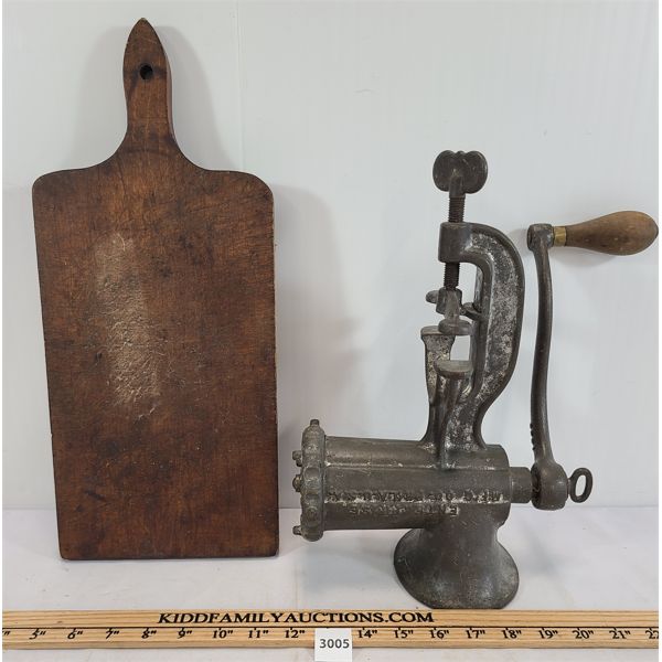 LOT OF 2 - ENTERPRISE MFG CO MEAT MINCER & WOODEN CUTTING BOARD