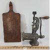 Image 1 : LOT OF 2 - ENTERPRISE MFG CO MEAT MINCER & WOODEN CUTTING BOARD