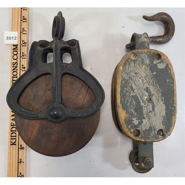 LOT OF 2 - CAST & WOODEN PULLEYS