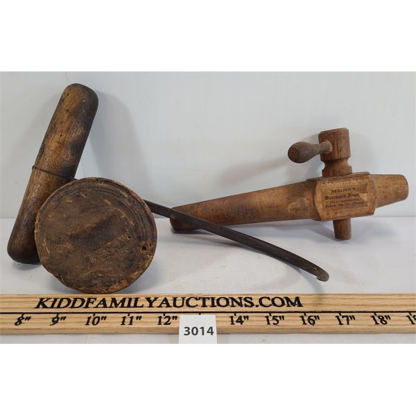 LOT OF 3 - REDLICHS BARREL TAPPER, MEAT HOOK & BUTTER PRESS