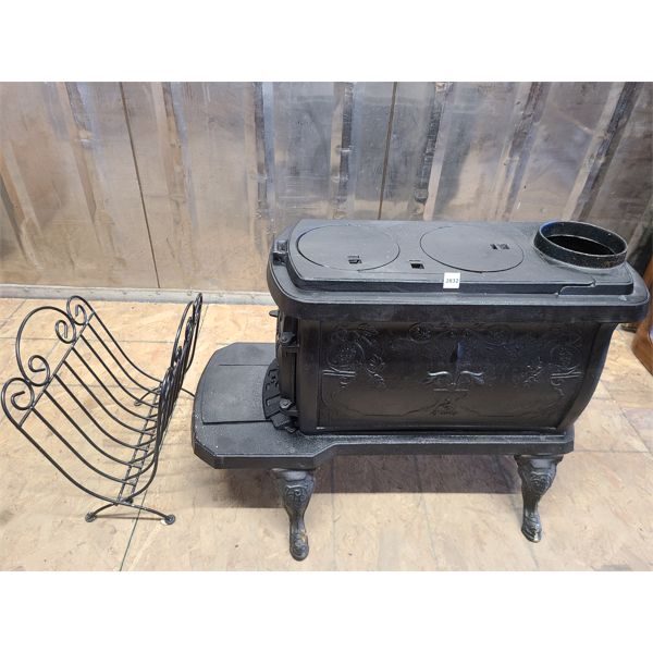 LOT OF 2 - CAST WOOD STOVE & METAL LOG HOLDER