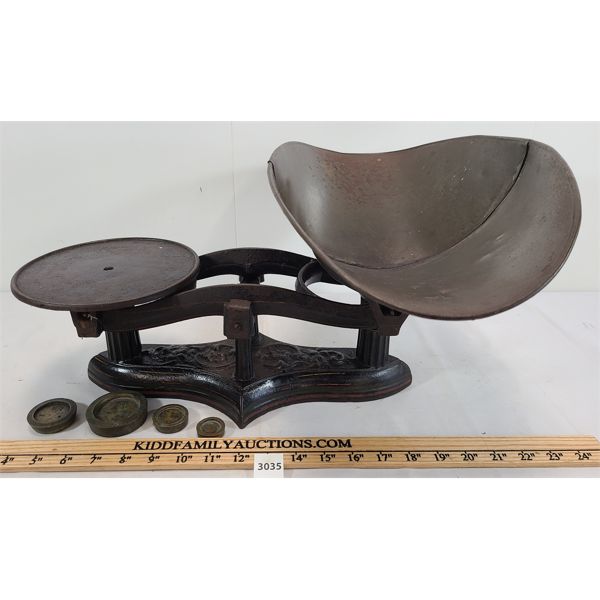 CAST IRON BALANCE SCALE W/ BRASS WEIGHTS
