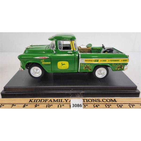ERTL 1957 DIE CAST CHEVY JOHN DEERE PICKUP TRUCK W/ BOX & DISPLAY STAND