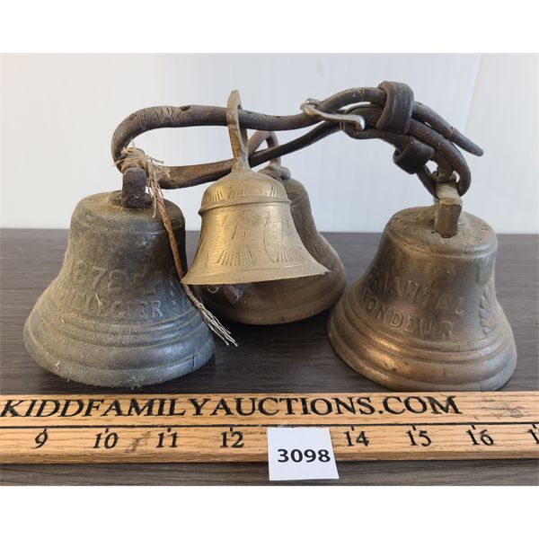 LOT OF 4 - BRASS BELLS W/ LEATHER STRAP 