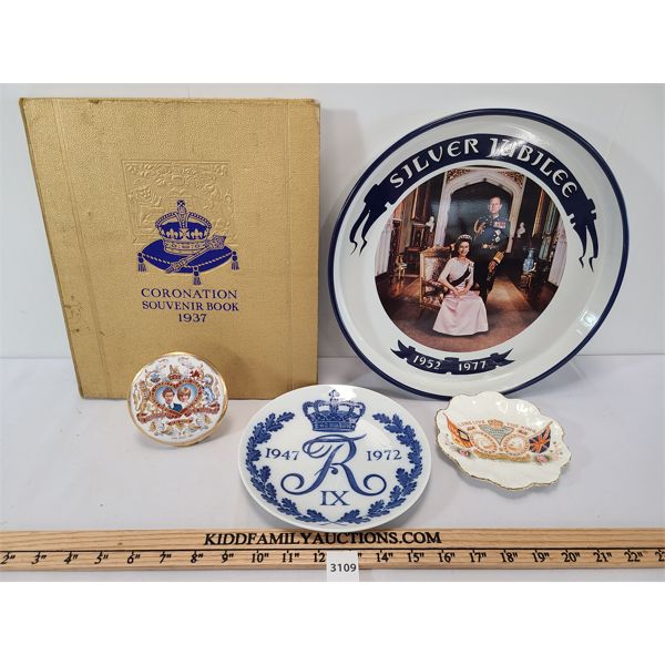 LOT OF 5 - 1937 CORONATION SOUVENIR BOOK, JUBILEE SERVING TRAY & DECORATIVE PLATES