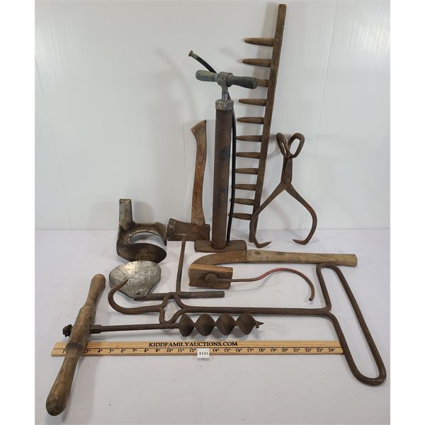 JOB LOT - ICE TONGS, HAY BALE HOOK, HATCHET & TIRE PUMP ETC