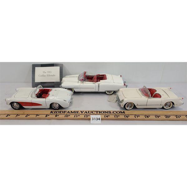 LOT OF 3 - DIE CAST MODELS - INCL FRANKLIN MINT PRECISION 1953 CADILLAC & BBURAGO 1957 CORVETTE ETC