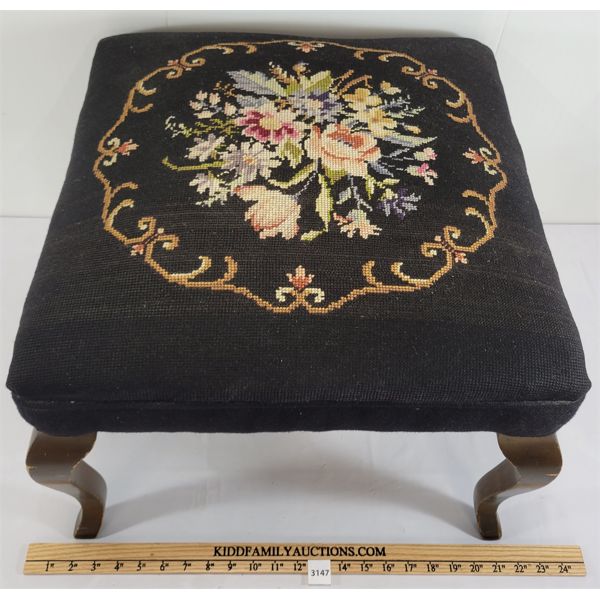 FOOT STOOL W/ FLORAL NEEDLEPOINT 