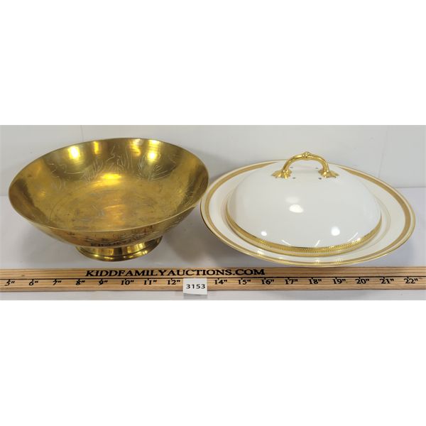 LOT OF 2 - LIMOGES COVERED VEGETABLE DISH & ETCHED BRASS BOWL