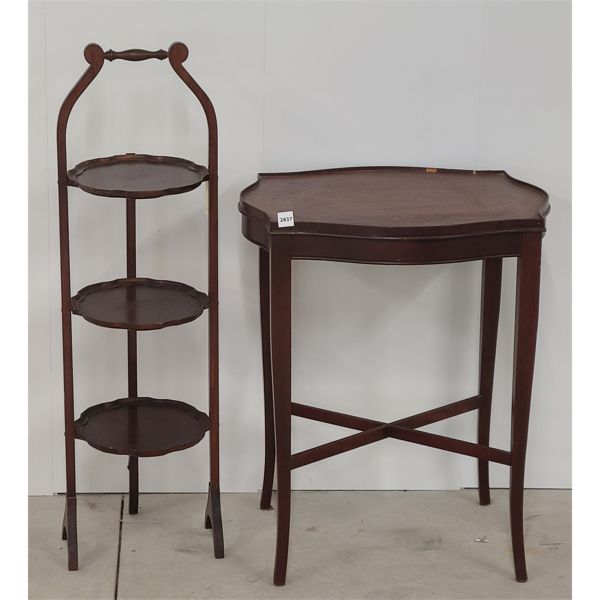 LOT OF 2 - FOLDABLE MAHOGANY CAKE CADDY & OCCASIONAL TABLE