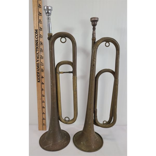 LOT OF 2 - BRASS BUGLES W/ MOUTH PIECES