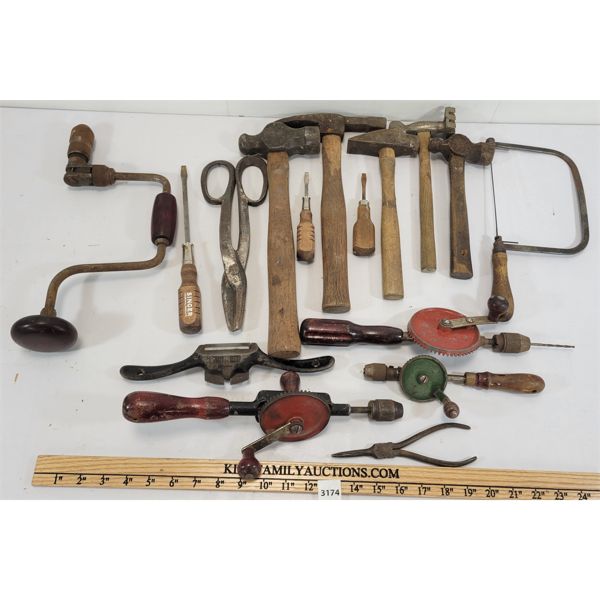 JOB LOT - MISC VINTAGE TOOLS - INCL HAMMERS, HAND DRILLS ETC.