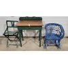 Image 1 : LOT OF 3 - CHILDS DESK, FOLDING CHAIR AND PAINTED WICKER ROCKER
