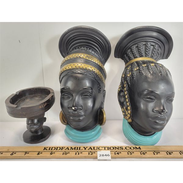 LOT OF 3 - CHALKWARE (?) HAND PAINTED HEAD PORTRAITS & HAND CARVED AFRICAN ASHTRAY