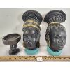 Image 1 : LOT OF 3 - CHALKWARE (?) HAND PAINTED HEAD PORTRAITS & HAND CARVED AFRICAN ASHTRAY