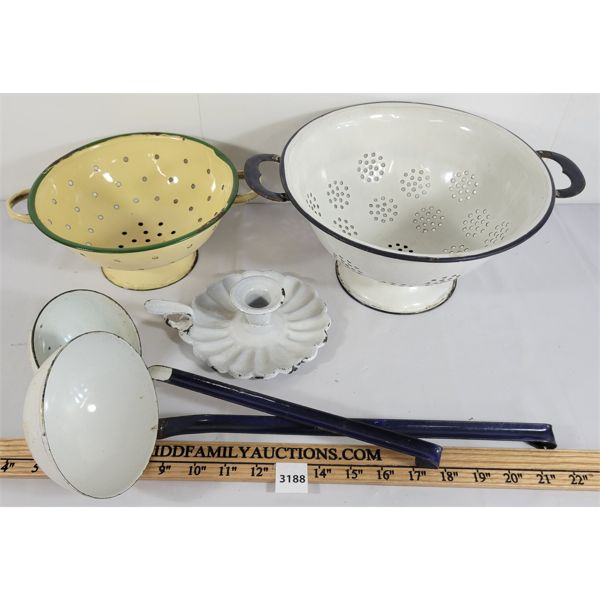 LOT OF 5 - ENAMEL STRAINERS, CANDLESTICK HOLDER & LADLES