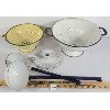 Image 1 : LOT OF 5 - ENAMEL STRAINERS, CANDLESTICK HOLDER & LADLES
