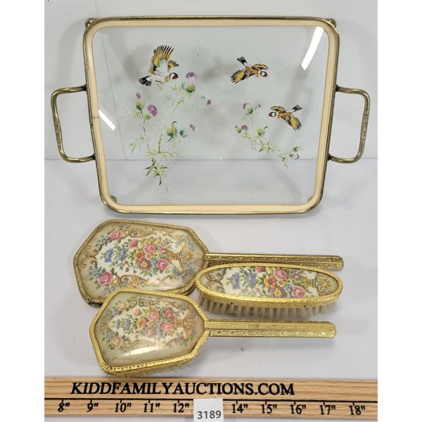 LOT OF 4 - DRESSING TABLE VANITY SET - INCL BRUSH, HAND MIRROR & CLOTHES BRUSH ETC