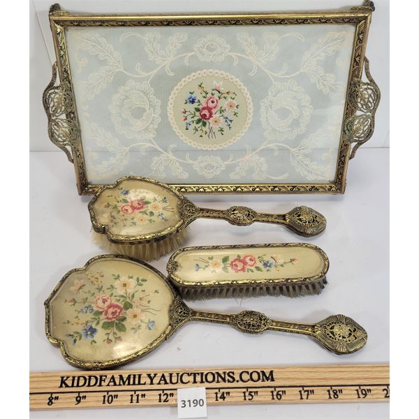 LOT OF 4 - DRESSING TABLE VANITY SET - INCL BRUSH, HAND MIRROR & TRAY ETC