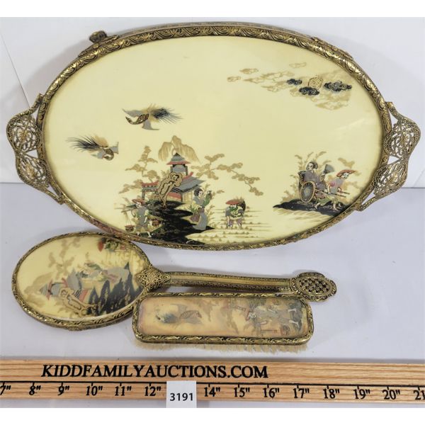 LOT OF 3 - DRESSING TABLE VANITY SET - INCL HAND MIRROR, CLOTHES BRUSH & TRAY