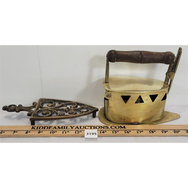 LOT OF 2 - BRASS SAD IRON & TRIVET