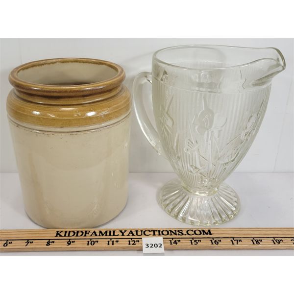 LOT OF 2 - IRIS GLASS PITCHER & CROCK 