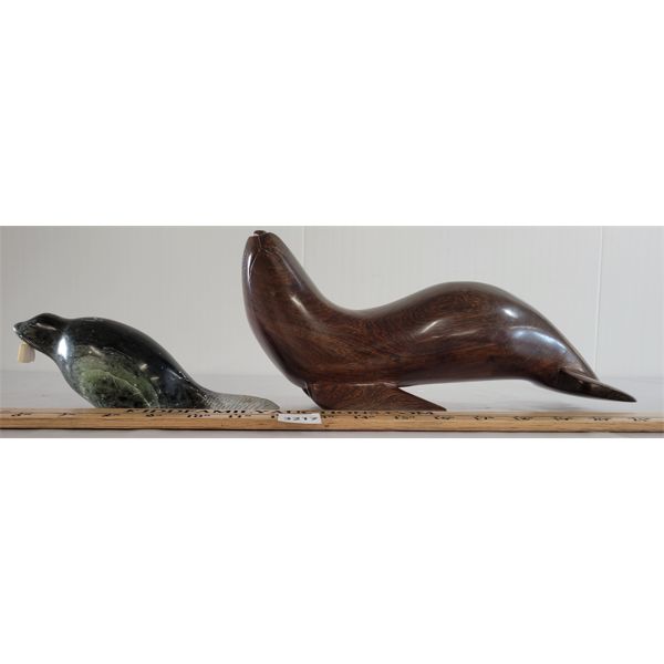 LOT OF 2 - SIGNED SOAPSTONE (?) BEAVER & WOODEN SEAL FIGURES - SEE ALL PICS