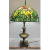Image 1 : BRASS LAMP W/ TIFFANY STYLE STAINED GLASS FLORAL SHADE 