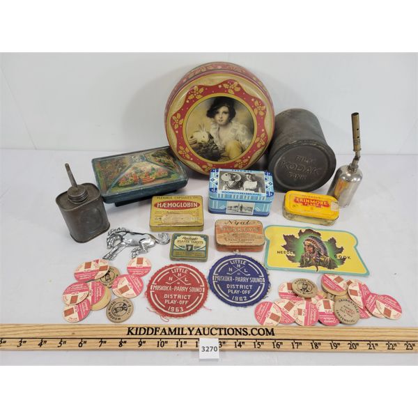 JOB LOT - KODAK FILM TANK, PARRY SOUND HOCKEY PATCHES, ADVERTISING TINS ETC.