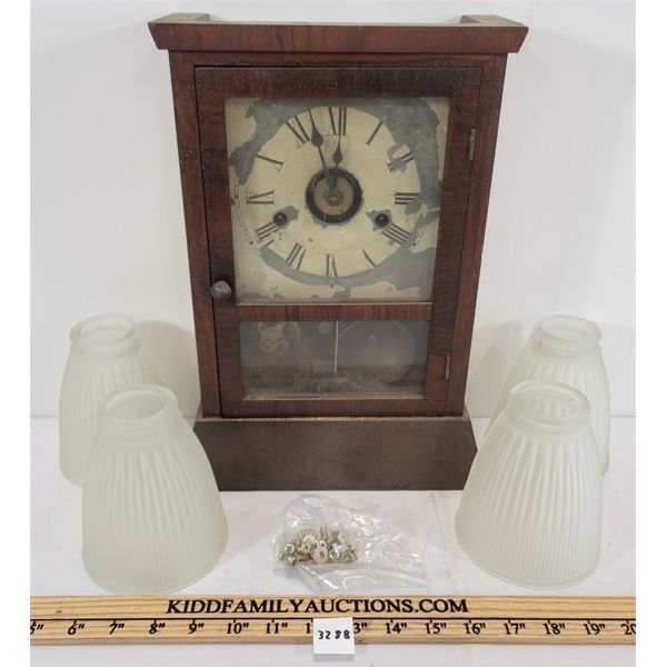 LOT OF 5 - SETH THOMAS MANTLE CLOCK AND LIGHT SHADES