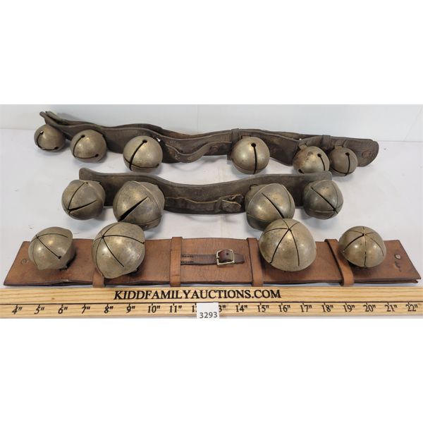 LOT OF 14 - CROTAL BELLS ON LEATHER STRAPS