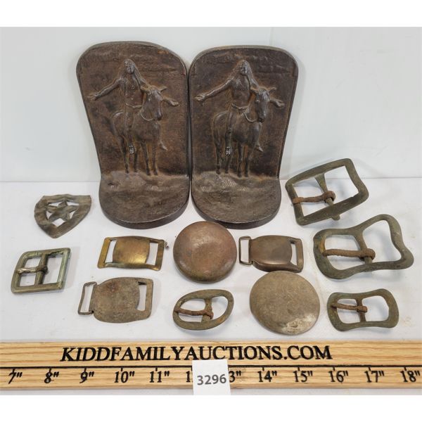 JOB LOT - CAST ABORIGINAL BOOKENDS AND EARLY BUCKLES