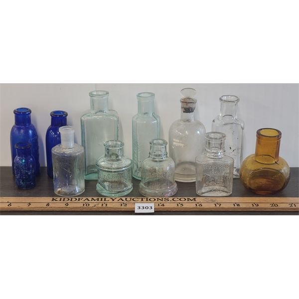 LOT OF 12 - GLASS BOTTLES & JARS - INCL PERFUME, TEABERRY & INK BOTTLES